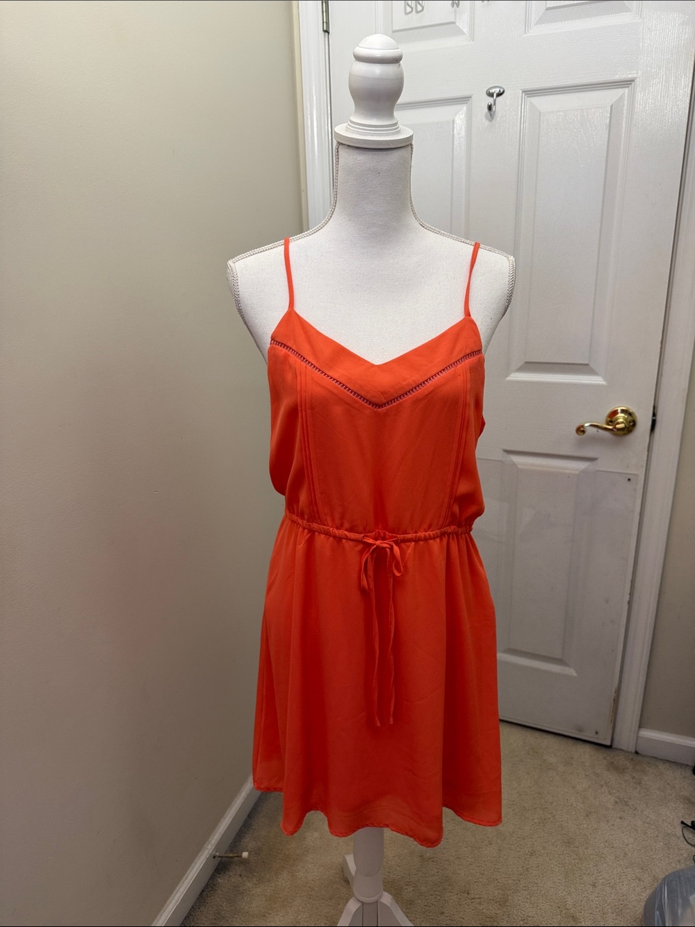Paper Crane Bright Orange Spaghetti Strap Drawstring Mini Dress